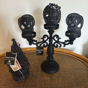 NWT Skull Head candle holder & light up Halloween bat tree